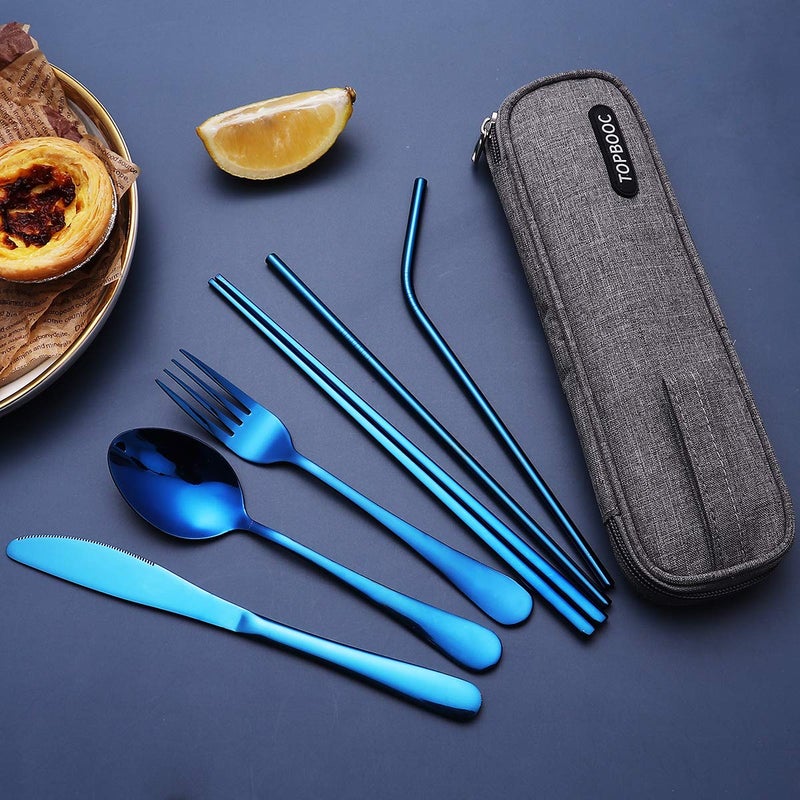Topbooc Portable Stainless Steel Flatware Set, Travel Camping Cutlery Set, Portable Utensil Travel Silverware Dinnerware Set with a Waterproof Case (Blue) - Image 3